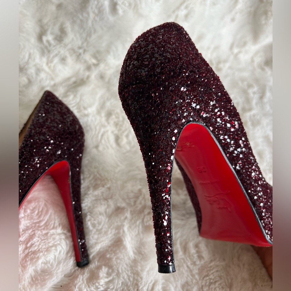 Christian Louboutin Very Prive 120 Burgundy Glitter Peep Toe Heels Size 38 US 8 - Picture 8 of 17